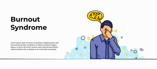 Burnout Syndrome web banner. Vector illustration of a man who is sad and suffering from depression. Modern flat in continuous line style.