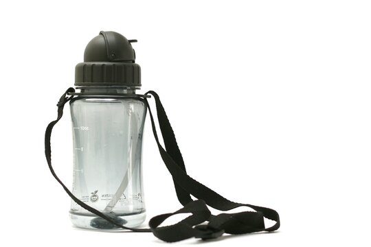 Transparent Drinking Bottle. Water Bottle For School Kids Isolated White Background.