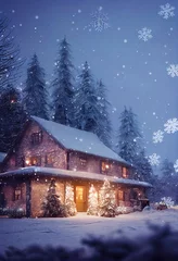 Fotobehang A beautiful outdoor Christmas scene. illustration of a Christmas house with snow, winter landscape in a village. © Fernando