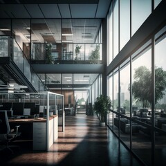 Modern sunny open office of a business without employees created with Generative AI technology	
