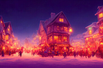 Obraz premium A beautiful Christmas village in the mountains. Winter landscape. houses with christmas decorations