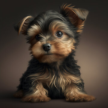 A very cute full body portrait of a small sweet yorki breed or Yorkshire Terrier puppy sitting with big eyes.  An image of a pet dog. Close up photo Created by AI Generative