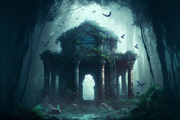 Fantasy forest ancient temple scene AI Generative	 - obrazy, fototapety, plakaty