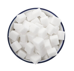 Bowl of refined sugar cubes isolated on white, top view