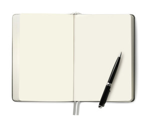 Open blank notebook with pen isolated on white, top view