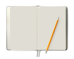 Open blank notebook with pencil isolated on white, top view