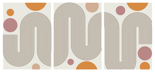 Abstract art background, Arches abstract posters. Arc print set in minimalistic style. Boho home decor of circles and lines in pastel colors. Rainbow wall art illustrations. © Penatic Studio