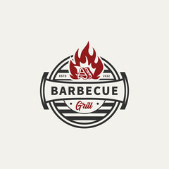 BBQ icon illustration, grill house and bar with grill, fire, fork and spatula for barbecue restaurant logo design