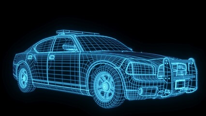 3d rendering illustration police car blueprint glowing neon hologram futuristic show technology security danger emergency for premium product business finance  