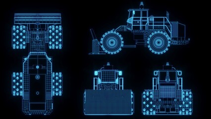 3D rendering illustration tractor for architecture or agriculture blueprint glowing neon hologram futuristic show technology security for premium product business finance 