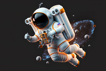 Obraz na płótnie Canvas 3d render spaceman astronaut flying with rocket 3d illustration design. Generative AI