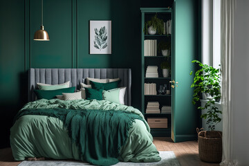Interior of a cozy bedroom with green painted walls. Generative AI