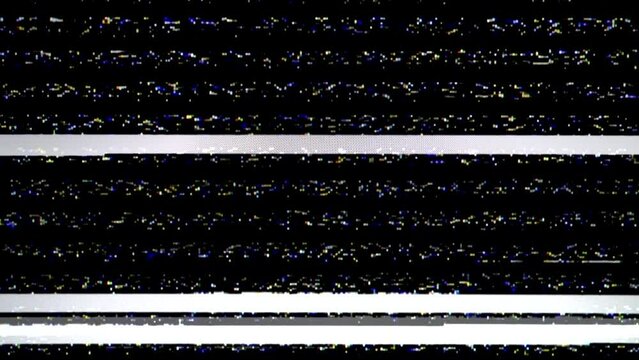 Blue and yellow static, with white horizontal bars, flicker randomly on a TV screen, indicating no signal or bad reception.