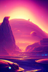 Ancient Moon Clash Mountain - Futuristic Graphic Art
