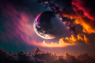 Fototapeta na wymiar Big moon with nebula and stars in the night sky against a blue, lilac, and hazy sky backdrop. Generative AI