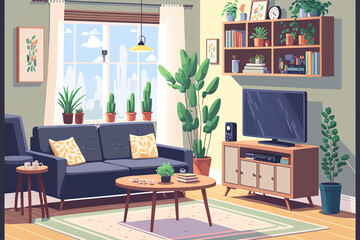Spring themed living room with sofa, chair, bookcases, and television. Lounge in a cartoon style with a coffee table, carpet, floor light, and indoor plants. Generative AI