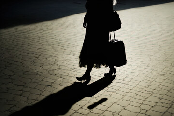 On the pavement, a shadow of a female traveler carrying wheels is seen. Generative AI