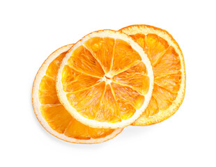Delicious dry orange slices on white background, top view