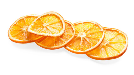 Delicious dry orange slices on white background