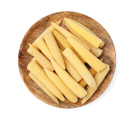 Pickled baby corn isolated on white, top view