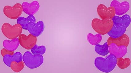 Hearts Red Pink Purple Color Decorate on Pink Background. Valentines Day 3D Illustration. Celebration Love Symbol Romantic Design.