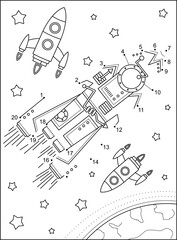 Transportation in outer space. Rockets or spaceships dot-to-dot picture puzzle and coloring page. Black and white printable activity page or worksheet. © ratselmeister