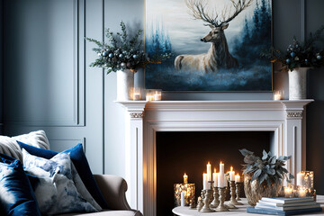 a Christmas themed painting over the fireplace Beautifully decorated with candles, reindeer, and lovely accents... Generative AI