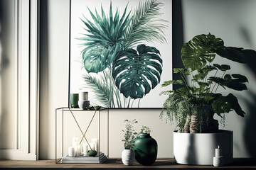 An elegant interior with tropical leaves. Generative AI