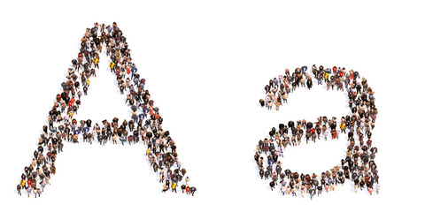 Concept or conceptual large community of people forming the font A. 3d illustration metaphor for unity and diversity, humanitarian, teamwork, cooperation, education, friendship and community