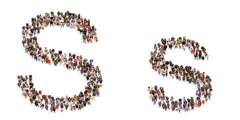 Concept or conceptual large community of people forming the font S. 3d illustration metaphor for unity and diversity, humanitarian, teamwork, cooperation, education, friendship and community