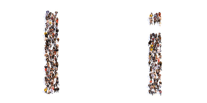 Concept or conceptual large community of people forming the font I. 3d illustration metaphor for unity and diversity, humanitarian, teamwork, cooperation, education, friendship and community