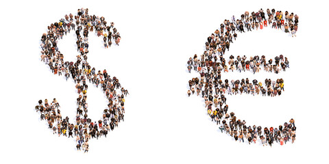 Concept or conceptual large community of people forming the $ and ? fonts. 3d illustration metaphor for unity and diversity, humanitarian, teamwork, cooperation, education, friendship and community