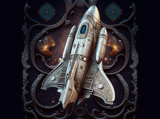 steel space shuttle wearing mercury armor with epic Paisley Patterned Filigree design, atmosphere, galaxy, generative ai.
