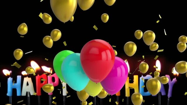 Animation of colorful balloons floating and golden confetti falling over happy birthday candles