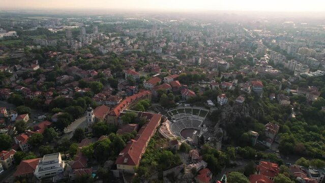 Aerial drone shot of Plovdiv Old town with Roman theatre of Philippopolis