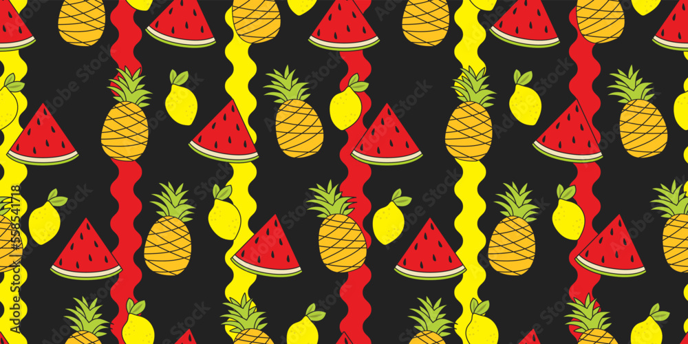 Poster watermelon, pineapple and lemon. vector fruit pattern. for print and seamless surfaces.