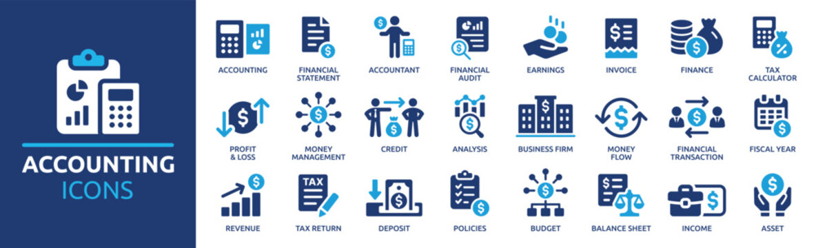 Naklejka Accounting icon set. Containing financial statement, accountant, financial audit, invoice, tax calculator, business firm, tax return, income and balance sheet icons. Solid icon collection.