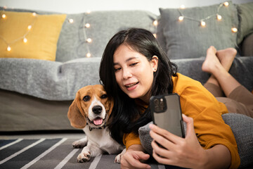 Asian woman making selfie with her beagle in the living room. Pet and owner having good time together at home, living room interior, copy space