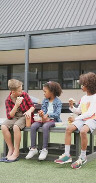 Vertical video of three diverse schoolchildren eating packed lunches, talking outdoors, copy space