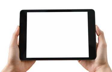 Hand holding digital tablet isolated on background. PNG format file.