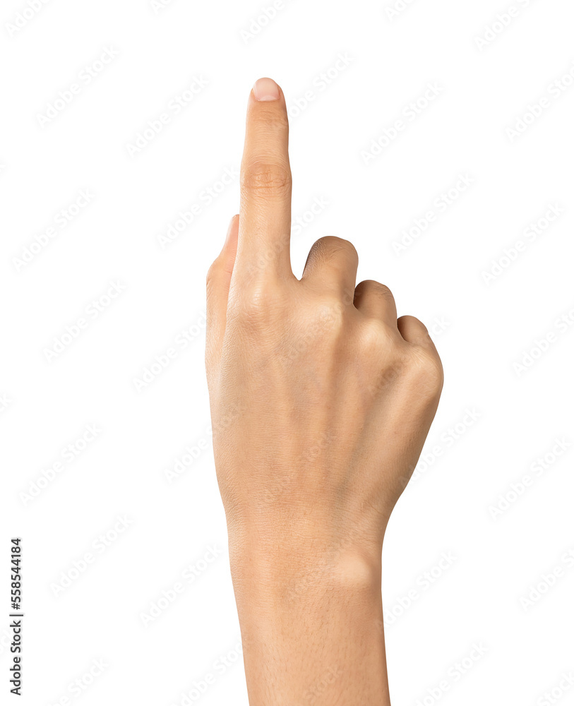 Wall mural hand pointing at screen on background. png format file.