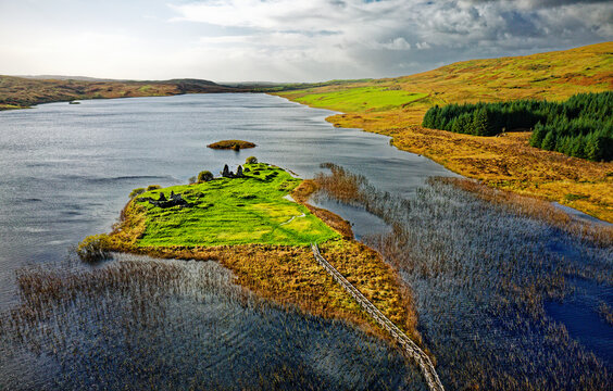 Finlaggan historic site on island of Eilean Mor in Loch Finlaggan, Islay, Inner Hebrides, Scotland. Seat of the Lords of the Isles and of Clan Donald