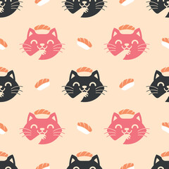 CUTE CAT WITH SUSHI ON HIS HEAD FLAT SEAMLESS PATTERN