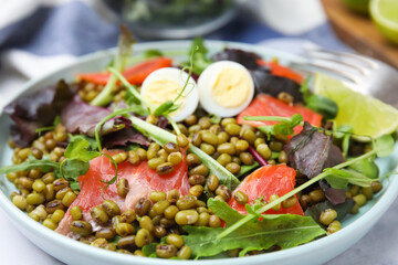 Plate of salad with mung beans, closeup view