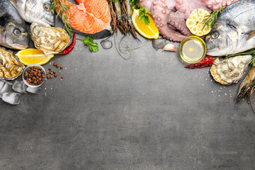 Flat lay composition with fresh raw dorado fish and different seafood on grey table. Space for text