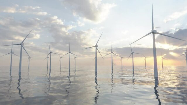 Wind turbines generating clean alternative green energy,wind farm in the ocean, climate change solution, slow reveal, fly through, ocean sunset, aerial 3D render
