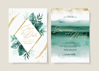Wedding invitation template set with green leaves decoration. Watercolor wedding invitation