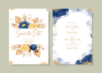 Wedding invitation template set with navy dried floral and leaves decoration. Watercolor wedding invitation