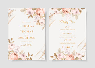 Fototapeta na wymiar Wedding invitation template set with peace dried floral and leaves decoration