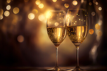 2 champagne glasses with a blurred golden bokeh lights